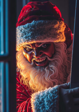 A man dressed as a santa claus looking out of a window