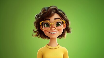 Customizable avatar of a unique personality virtual in a world. Animated woman with curly hair, wearing yellow glasses and a matching yellow sweater, smiling warmly against a green background.