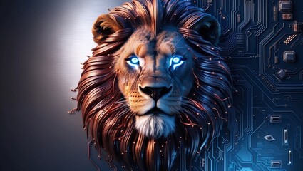 Fototapeta premium AIGenerated Lion Head Combined with Electronic Circuit Board Design