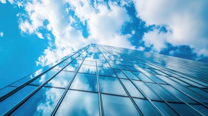 Low angle view of skyscraper with glass windows and blue sky background for business, trade and finance concept