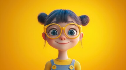 Customizable avatar of a unique personality virtual in a world. Animated girl with yellow glasses, dark pigtails, and a cheerful smile, wearing overalls, standing against a bright yellow background.