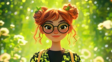 Customizable avatar of a unique personality virtual in a world. Animated woman with glasses, red hair styled in buns, standing in a vibrant outdoor nature setting with sunlight and greenery.