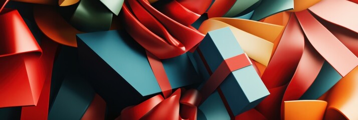 Colorful gift boxes adorned with ribbons and bows are creatively arranged, enhancing a vibrant and festive ambiance with unique shapes. Generative AI