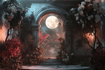Obraz premium Moonlit Garden Passage with Lush Floral Archway and Enchanting Glow