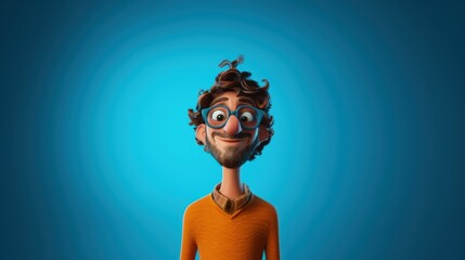 Customizable avatar of a unique personality virtual in a world. Animated man with messy hair, glasses, and a beard, wearing a colorful floral shirt, standing against a deep blue background.