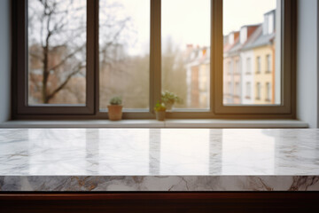 generated illustration of empty marble countertop in front of window with city view building background