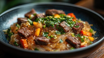 Fototapeta premium Asian dish funchoza from glass noodles with meat and vegetables. Tasty noodles in a plate.