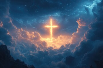 Fototapeta premium Glowing Christian cross in the night sky.