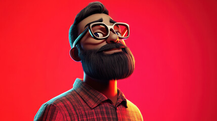 Customizable avatar of a unique personality virtual in a world. Animated man with a thick beard, large glasses, and a plaid shirt, looking confidently into the distance against a bold red background.