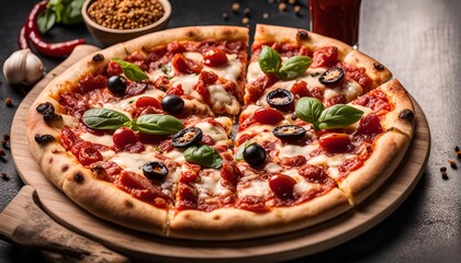 Delicious Pizza with Cherry Tomatoes, Olives, and Basil