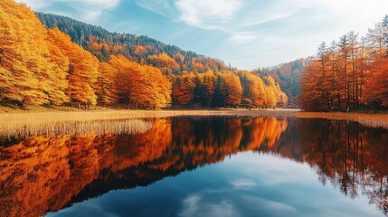 Fototapeta premium Serene Autumn Landscape Reflected in Tranquil Lake