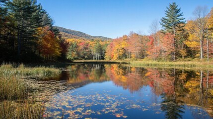 Fototapeta premium Serene Autumn Reflection at a Tranquil Pond