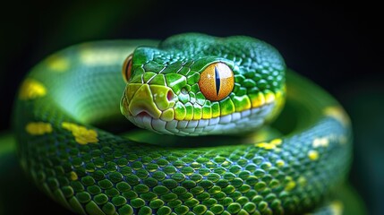 Fototapeta premium Green snake close-up. Tropical predator.