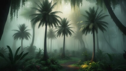 Misty Tropical Forest with Palm Trees and Green Fog – Dreamy and Atmospheric Landscape for Nature Lovers
