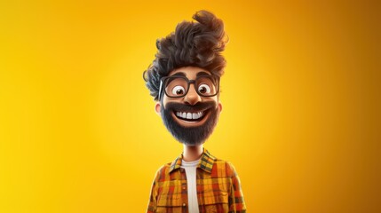 Customizable avatar of a unique personality virtual in a world. Animated man with a big smile, curly hair, glasses, and a beard, wearing a plaid shirt against a bright yellow background.
