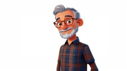 Customizable avatar of a unique personality virtual in a world. Animated elderly man with glasses, white hair, and a beard, wearing a plaid shirt and smiling warmly against a white background.