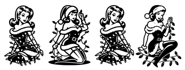 beauty pin-up girl illustration, adorable beautiful pinup woman model, comic book character, black shape silhouette vector christmas decoration Christmas holidays, Santa Claus