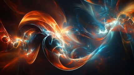 Abstract orange and blue glowing fractal waves on dark background.
