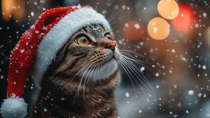 Cute cat in Santa Claus hat looking at falling snow. Christmas concept.