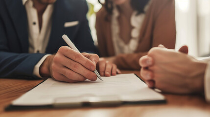Close-up of a couple signing a document together.