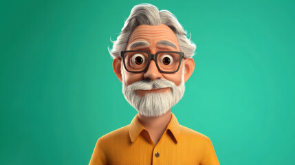 Customizable avatar of a unique personality virtual in a world. Animated elderly man with white hair and glasses, wearing a yellow shirt and smiling gently against a green background.