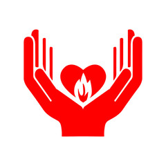 Hands to hold a burning heart. A symbol of support and solidarity, the heart of Love Valentine. Vector illustration. Logo give love. Valentines day logotype.