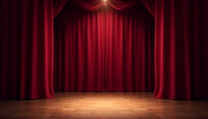 Empty theater stage with red velvet curtains dramatically lit against dark background