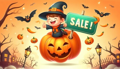 Cute Witch Riding Pumpkin Halloween Sale.