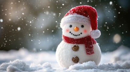 Obraz premium Winter background with cute snowman. Snowman in Santa hat, winter and Christmas concept.