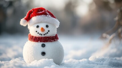 Obraz premium Winter background with cute snowman. Snowman in Santa hat, winter and Christmas concept.