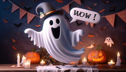 Happy Ghost with Pumpkin and Candles on Halloween Night.