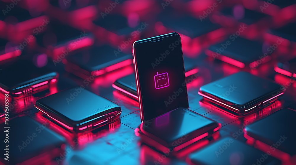 Poster exploring the fusion of technology and art a vibrant smartphone set against a colorful electronic ci