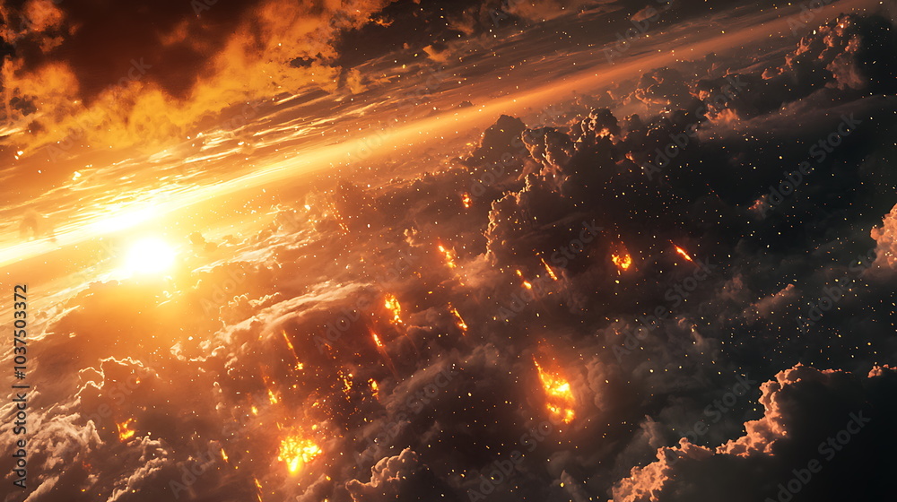 Aufkleber breathtaking view of a fiery sunset illuminating clouds with radiant light and vibrant colors in a s