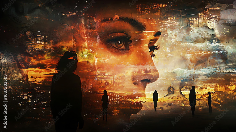 Poster surreal composition of human emotions and thoughts captured in a dreamlike visual narrative of inner