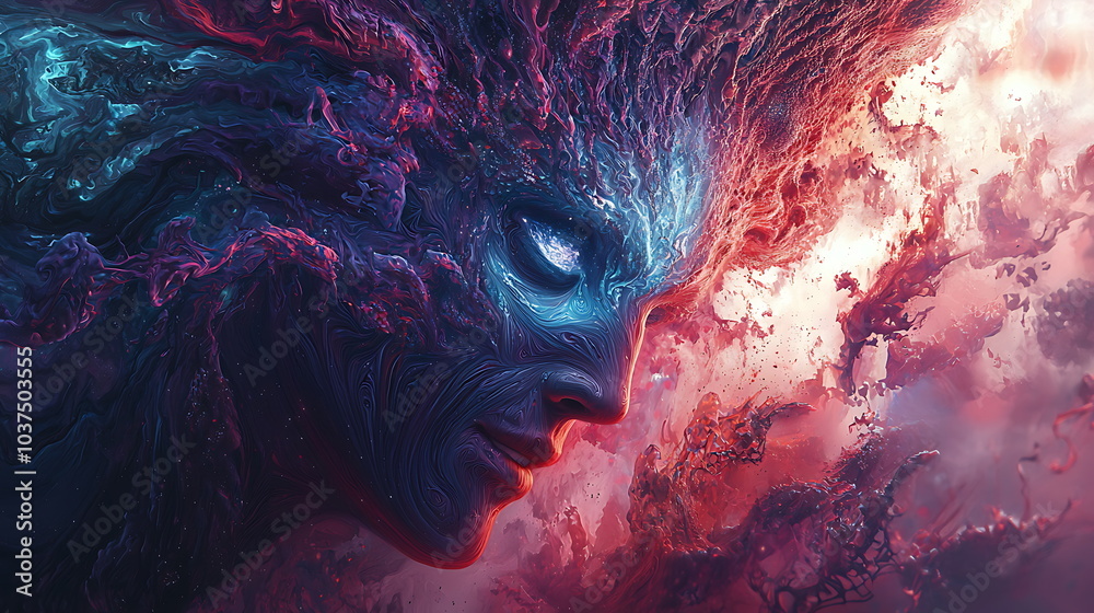 Poster surreal portrait of cosmic fusion merging human features with celestial elements in a dreamlike expr
