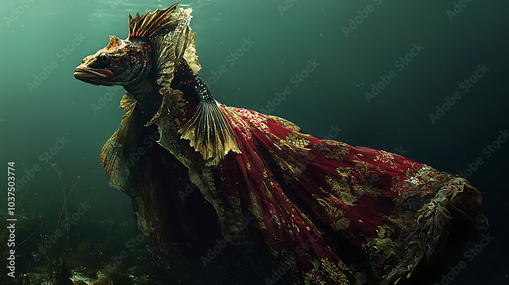 Poster enchanted underwater realm a majestic creature adorned in flowing fabric dancing through the mystica