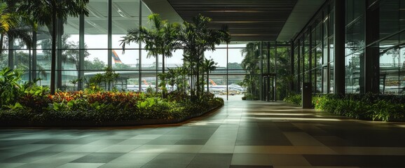 Modern Interior with Glass Walls and Lush Greenery