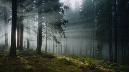 Dense Forest in Morning Fog