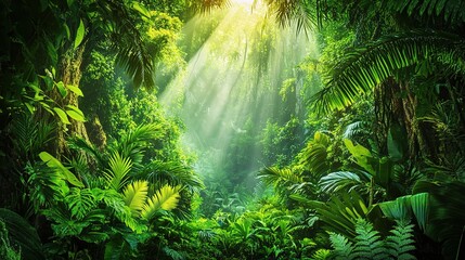 Obraz premium Lush Jungle with Sunlight Through Green Foliage