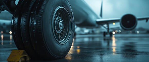Fototapeta premium Close-up of Airplane Wheel on Runway