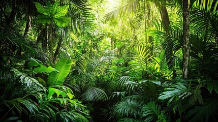 Naklejka premium Lush Green Jungle Scene with Vibrant Foliage