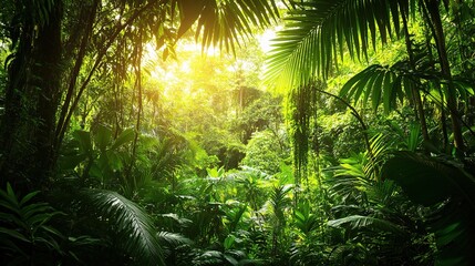 Lush Green Jungle with Sunlight Filtering Through Foliage