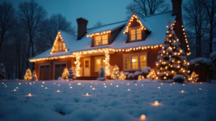 Festively decorated house with lights and Christmas tree in snowy landscape at dusk
