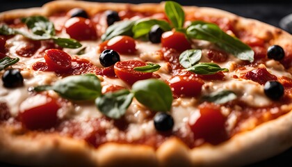 Close-up of a Delicious Italian Pizza with Cherry Tomatoes, Basil, and Olives