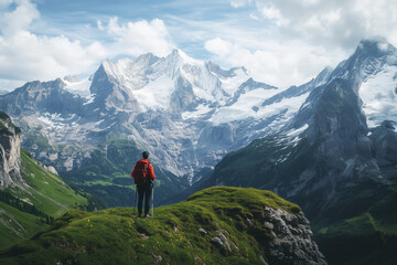 Fototapeta premium Adventurous hiker conquers alpine peak, enjoying panoramic view of majestic mountain landscapeAdventurous hiker conquers alpine peak, enjoying panoramic view of majestic mountain landscape