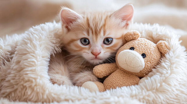 A kitten curled up with a stuffed animal
