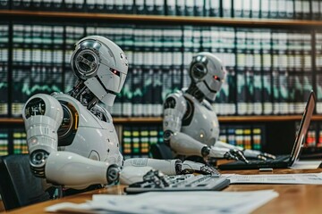 Close-up Of Two Humanoid Robots Calculating Financial Statement At Desk.