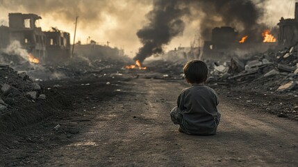 Young child sitting alone after war or natural disasters concept.