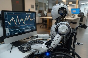 Humanoid Robot Analyzing Statistical Graph On Computer In Office, robot, disabled, ai, artificial, wheelchair, intelligence, code, business, tech, machine, work, technology, future, injury