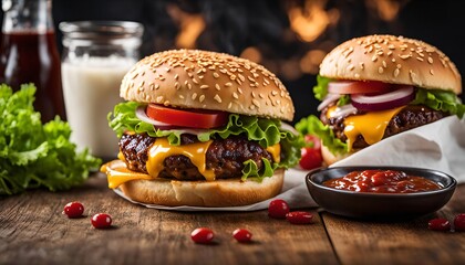 Juicy Cheeseburger with Ketchup on Wooden Table